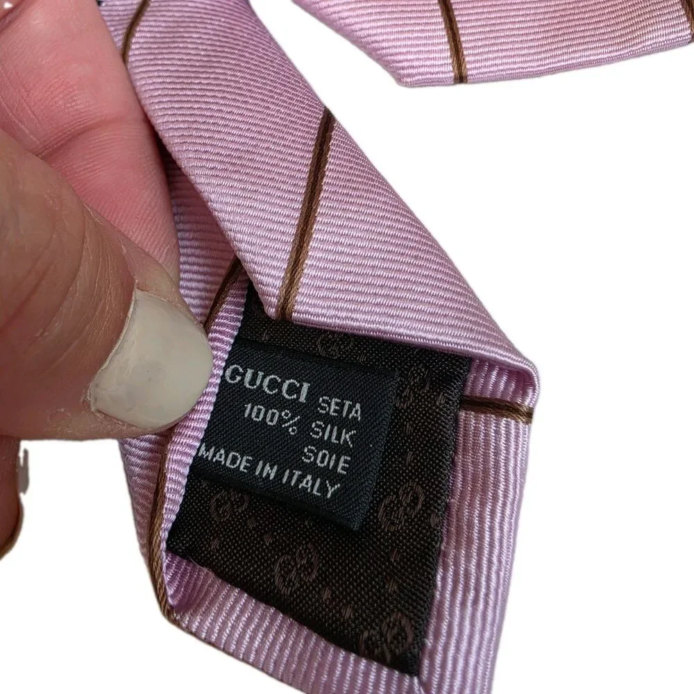 Gucci Mens 100% Silk Tie Made In Italy Pink Brown Stripe 3.75x58 Authentic 🇮🇹
